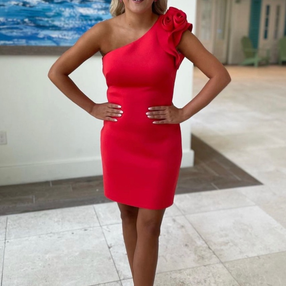 Eliza J Red One-Shoulder Midi Dress with Rosette Shoulder